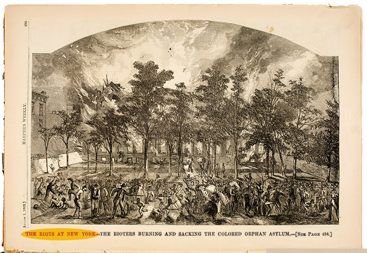 A drawing of the burning of New York's Colored Orphan Asylum